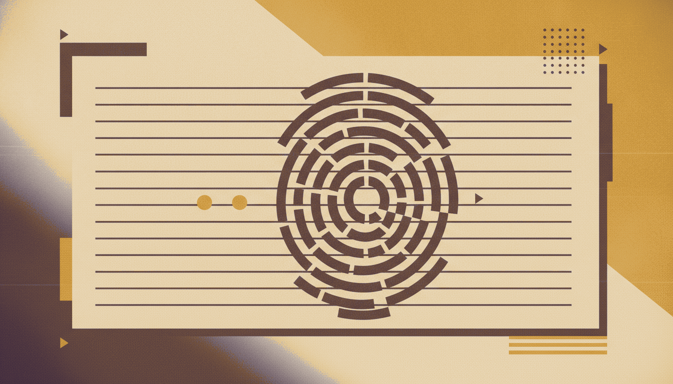 A bold vintage screen-print illustration in ivory, deep aubergine and mustard gold of a giant geometric fingerprint stamped over a ruled printed page.