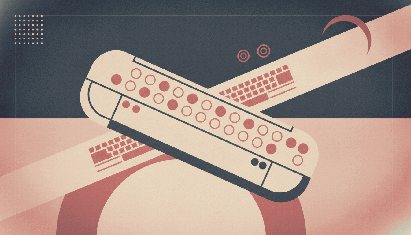 A bold vintage screen-print illustration in deep navy, warm cream and dusty rose of a large refreshable braille display angled diagonally, its row of raised and flat braille dot cells crossed by a keyboard band and a headphone-arc crescent.