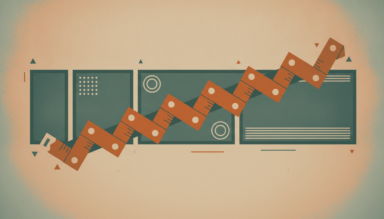 A bold vintage screen-print illustration in cream, deep teal-green and burnt rust orange of a thick zigzag folding tape measure stretched diagonally across a row of rectangular screen panels of different sizes.