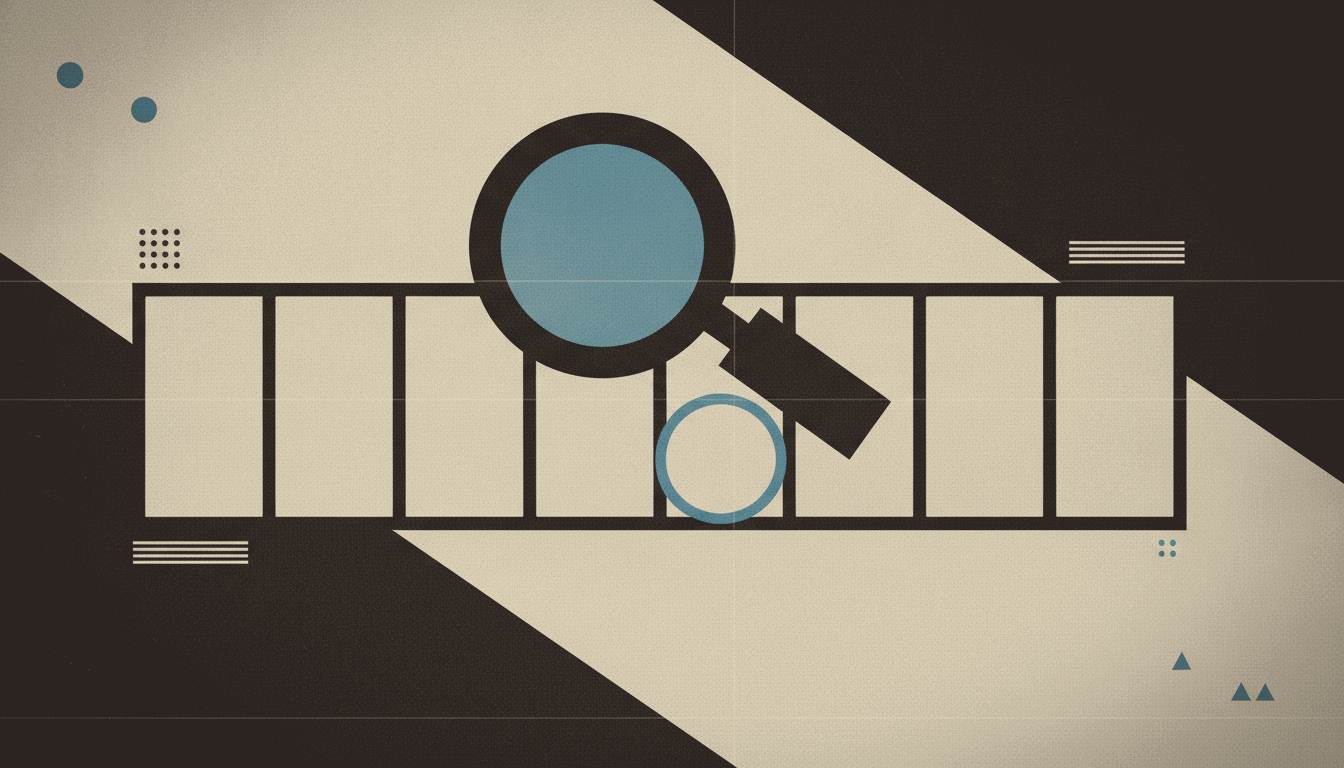 A bold vintage screen-print illustration in cream, espresso brown and muted teal of a large photographer's loupe hovering over a grid of contact-sheet photo frames, with one frame circled in teal beneath the lens.