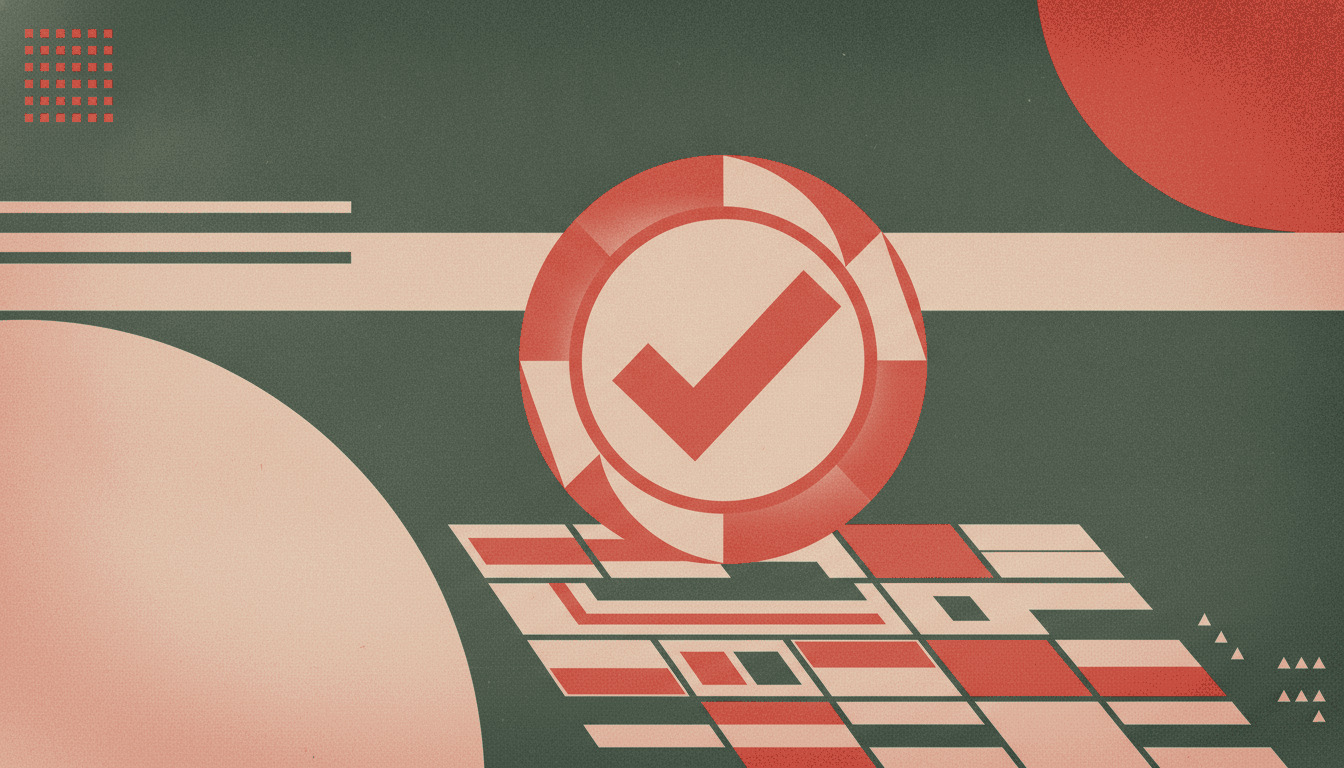 A bold vintage screen-print illustration in parchment cream, deep forest green and red-pen accent of a large circular rubber stamp bearing a checkmark, pressed onto a printed grid of UI component swatch cards.
