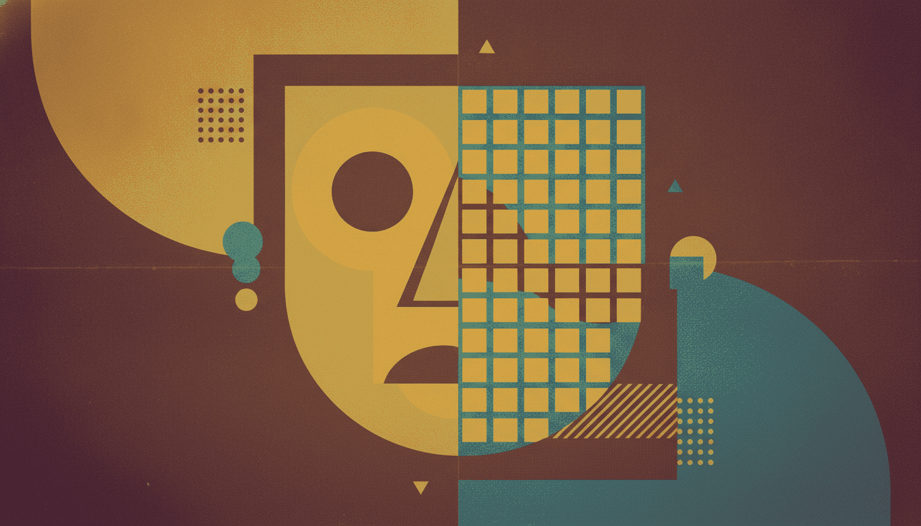 A bold vintage screen-print illustration in deep burgundy, warm gold and muted teal of a large theatrical drama mask split down the middle, one half a smooth painted face and the other broken into a blank tile grid.