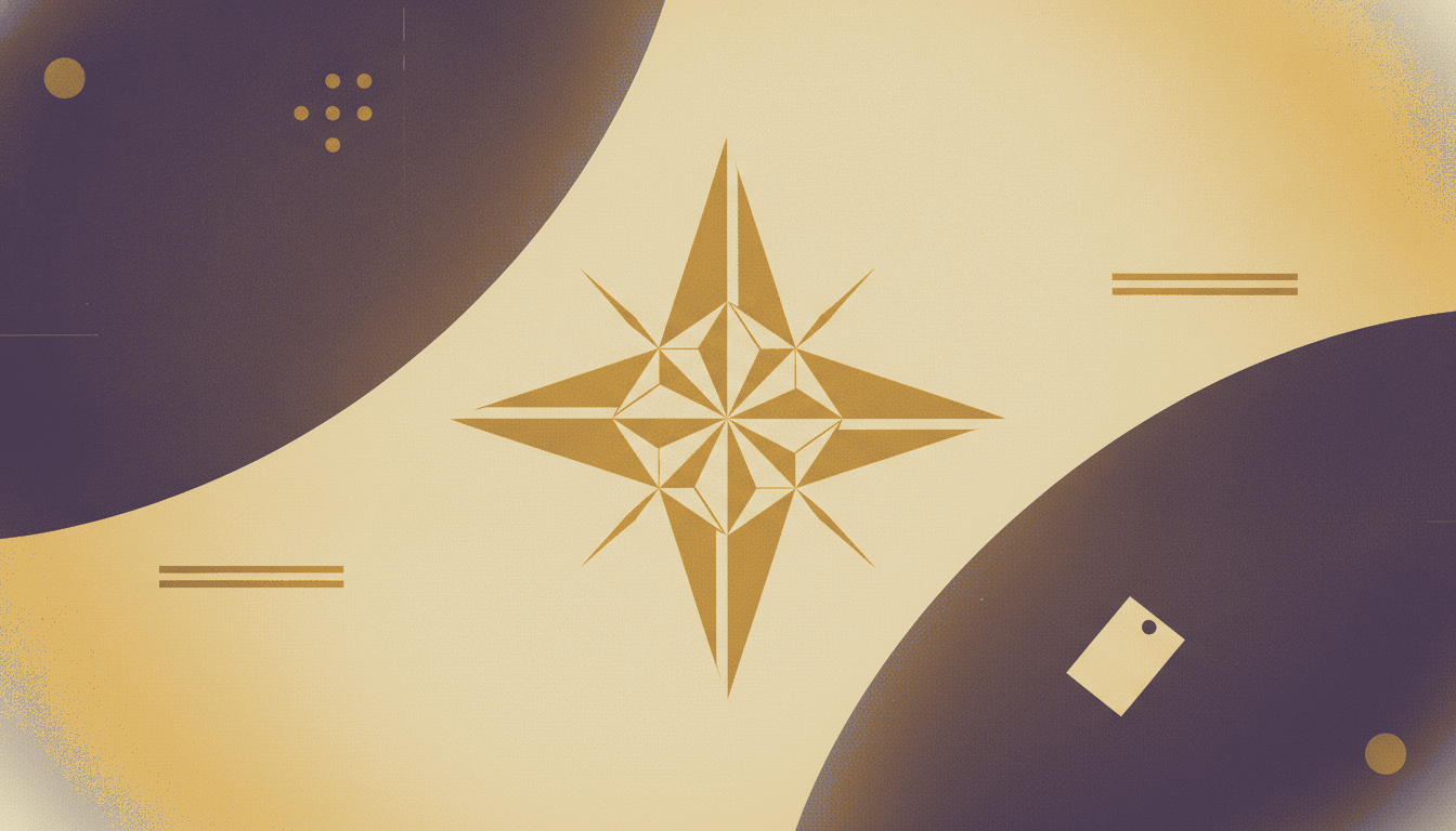 A bold vintage screen-print illustration in cream, deep plum and gold of a large faceted four-pointed sparkle icon, with a small adhesive label tag as a secondary accent.
