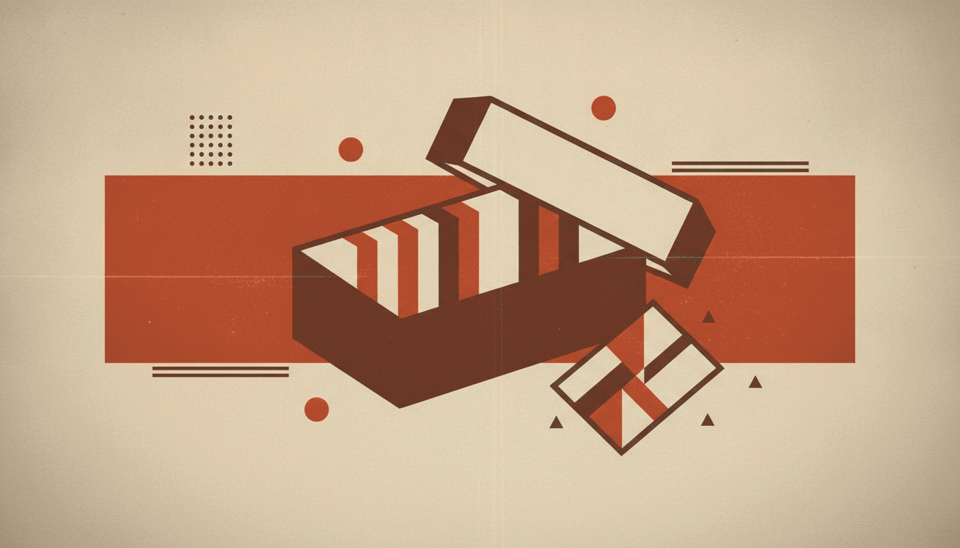 A bold vintage screen-print illustration in cream, deep brown and rust red of an open recipe card file box holding a row of identical printed cards, with one handwritten card fallen outside the box.
