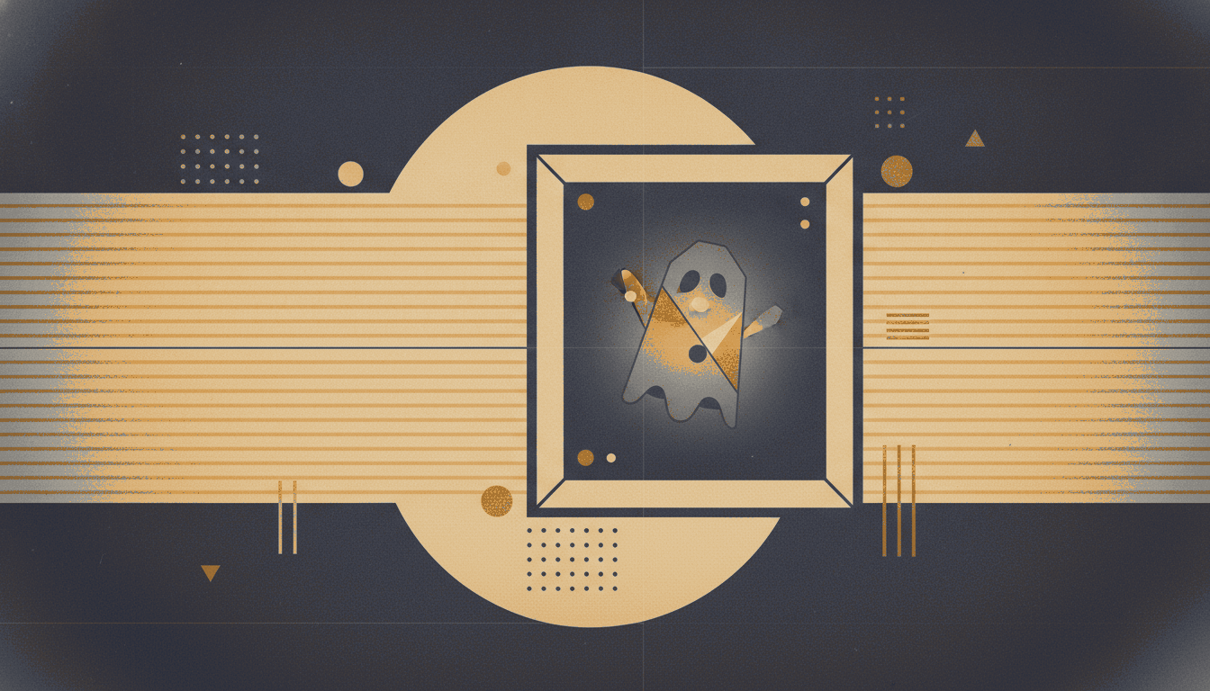 A bold vintage screen-print illustration in indigo-charcoal, warm parchment and amber-gold of a large picture frame holding a faceted geometric ghost silhouette, set against horizontal code-printout bands.