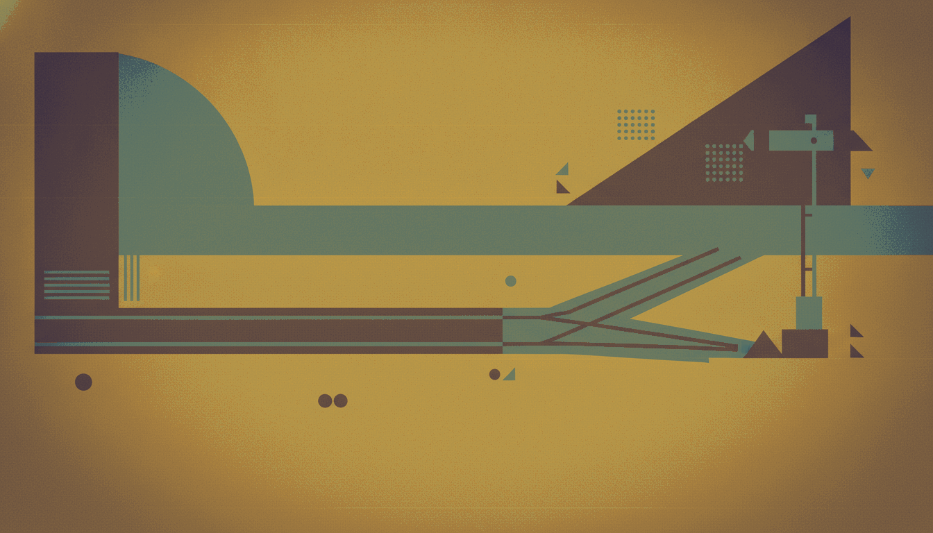 A bold vintage screen-print illustration in mustard amber, deep plum and muted teal-green of a railway track switch splitting into two diverging rails beside a faceted semaphore signal.