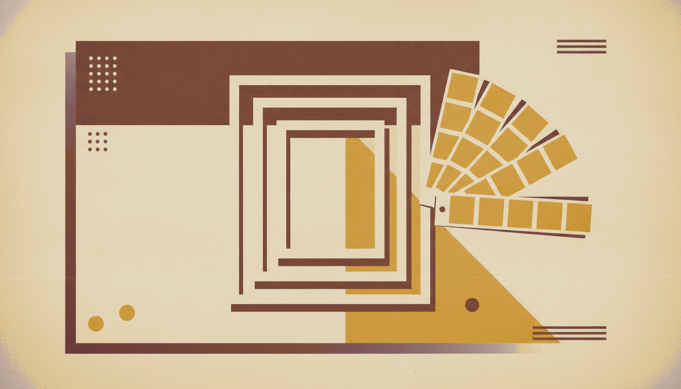 A bold vintage screen-print illustration in cream, deep burgundy and warm ochre gold of nested empty picture frames, partly filled with color, beside a fanned paint-swatch color-chip deck.