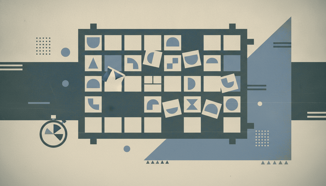 A bold vintage screen-print illustration in cream, deep teal-charcoal and dusty slate blue of a large mechanical split-flap scoreboard with mismatched abstract flip-panel tiles and a small stopwatch beside it.