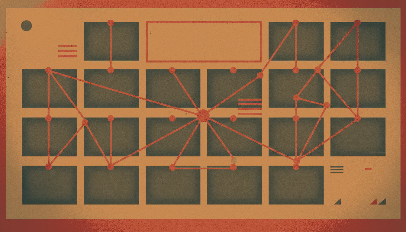 A bold vintage screen-print illustration in cork tan, deep pine green and rust red of a corkboard grid of pinned index cards linked by a dense crisscrossing web of red strings and pushpins, with one card slot left empty at the top where a boss card would sit.
