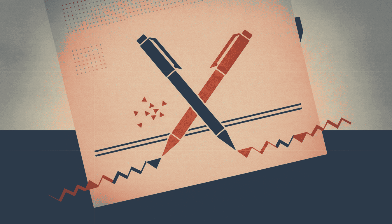 A bold vintage screen-print illustration in parchment cream, deep navy and terracotta red of two crossing pens over a manuscript page, trailing two overlapping zigzag correction lines that visibly contradict each other.