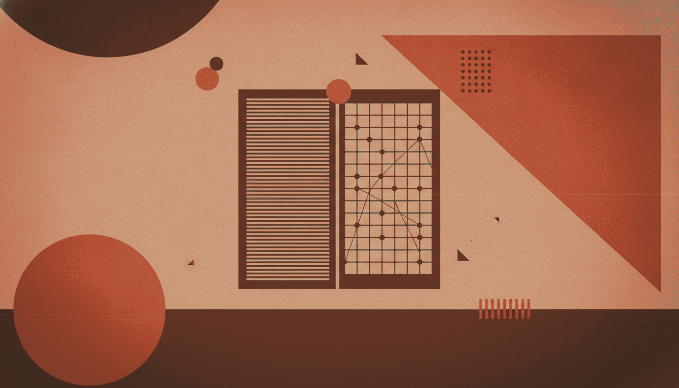 A bold vintage screen-print illustration in warm cork-board tan, espresso brown and rust terracotta of a large pinned index card split down the middle into two forking panels, one ruled like a printed interview transcript and the other gridded like a machine-readable file.