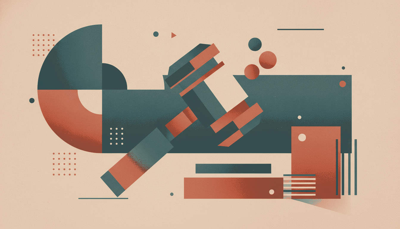 A bold vintage screen-print illustration in warm parchment, deep teal and muted rust of a large faceted judge's gavel poised above its block, with three tiny orbs clustered near the hammer head.